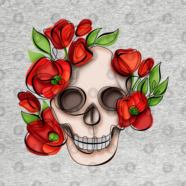 Minimalistic Continuous Line Skull with Poppies by lissantee